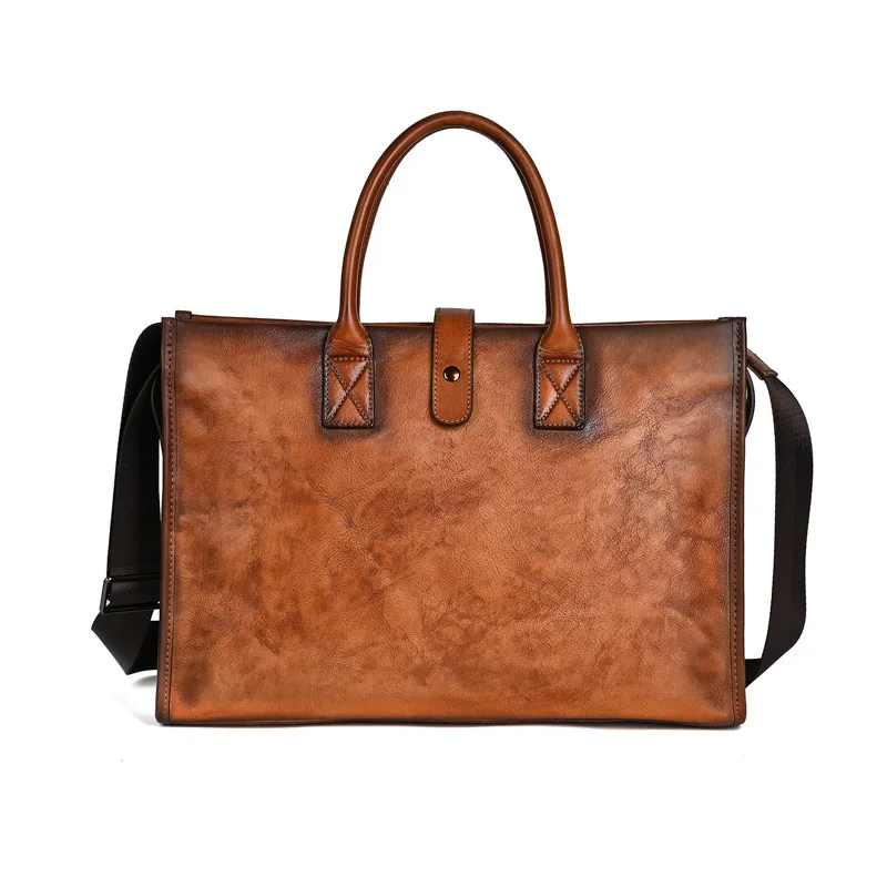 Men Vintage Genuine Leather Briefcase Handmade Cowhide Laptop Handbag Casual Male Shoulder Messenger Bag Fashion Tote Bag