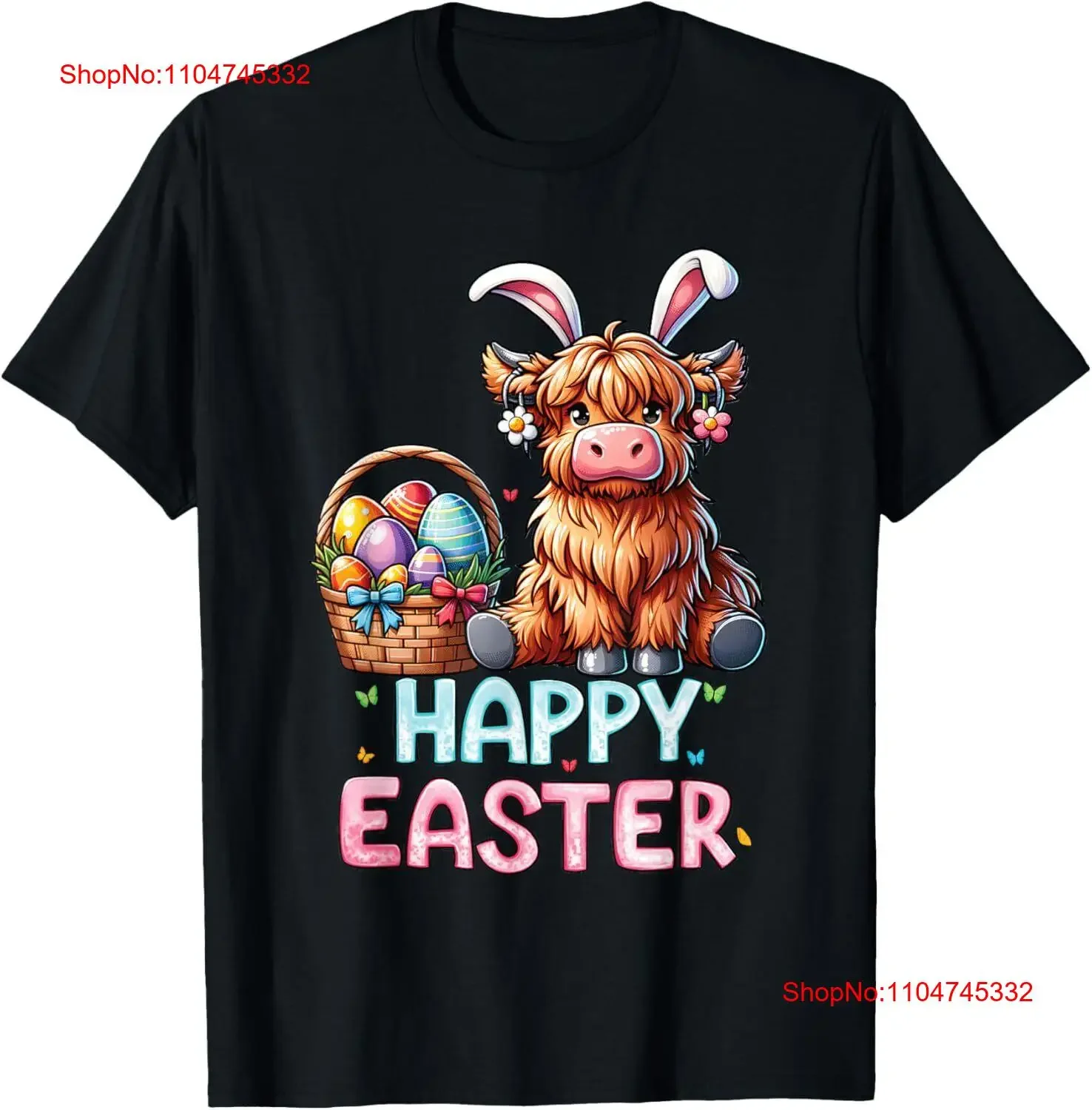 Фото С Днем Пасхи Highland Cow Cute Bunny, женская и детская футболка, винтажная стираная модная уличная одежда, мягкая универсальная графика №1