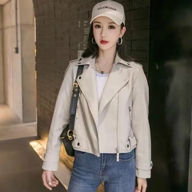 2022 Fashion Spring And Autumn Women's Short Leather Jacket Full Fit Women's Leather Jacket Solid Color Women's Leather Jacket