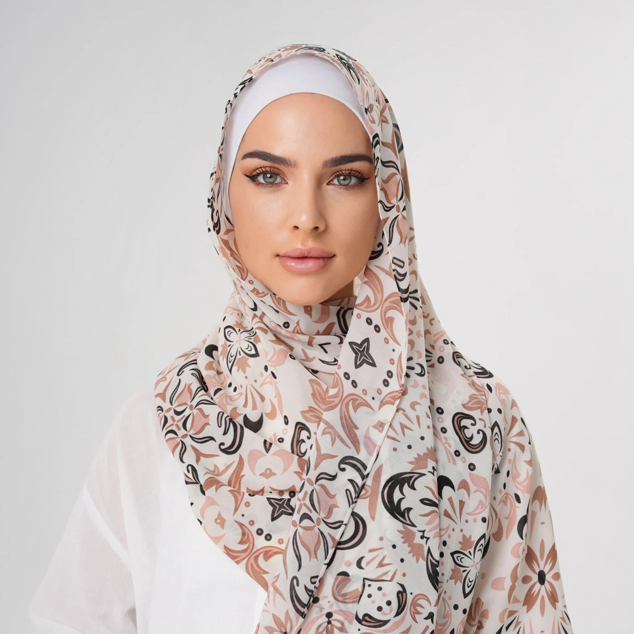 Шифоновый Хиджаб С Жемчужными Украшениями Узором В Репсовую Принту Малайская