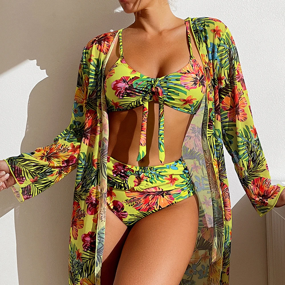 

3PCS/Set Sexy High Waisted Bikini Set Floral Printed Swimsuit Women Bikini With Mesh Long-Sleeved Blouse Size S-3XL 2023 New 4#