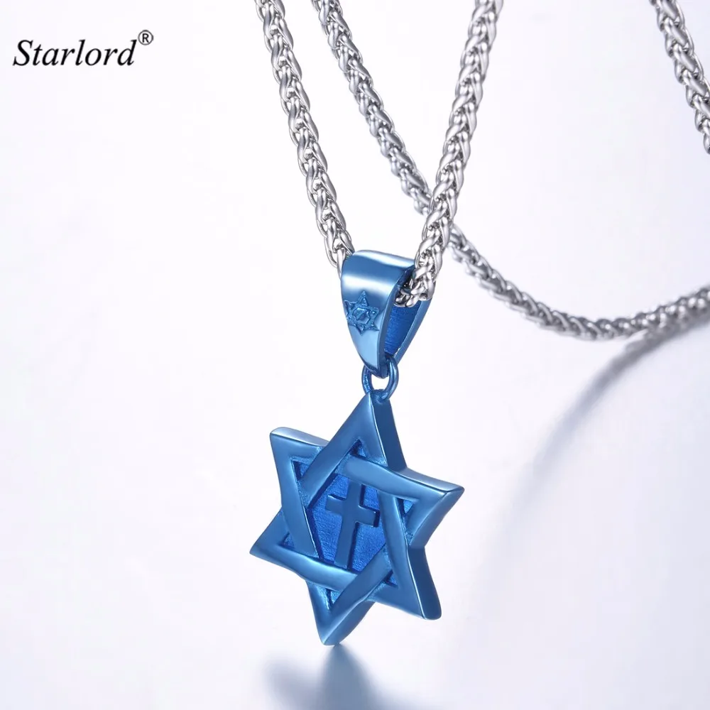 

Men's Star of David Necklace Stainless Steel Blue Gold Black Judaica Jewelry Magen David Cross Charm Jewish Gift GP2127