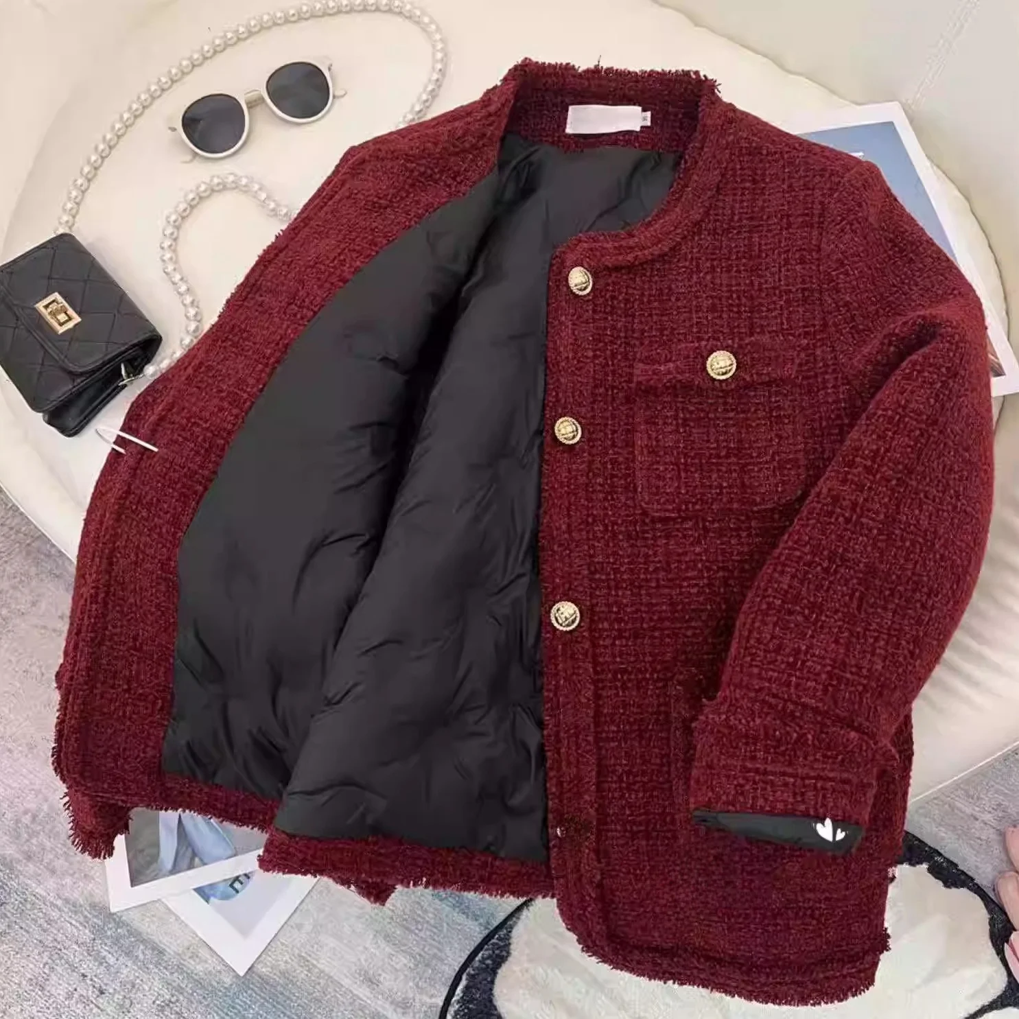 2024 Winter New Red Graceful Down jacket Women Short Thickened White Duck Down Liner Tweed Outerwear Fashion
