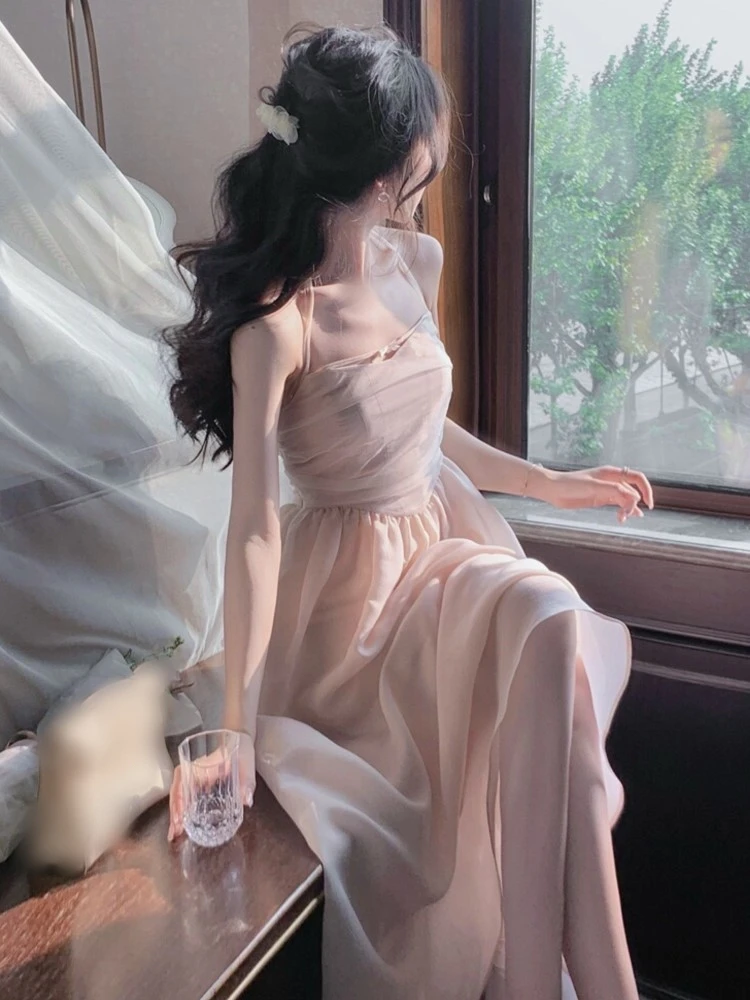 

Elegant Fashion Halter Fairy Graduation Dresses Summer Woman Korean Solid A-Line Birthday Evering Party Vestidos Female Clothes