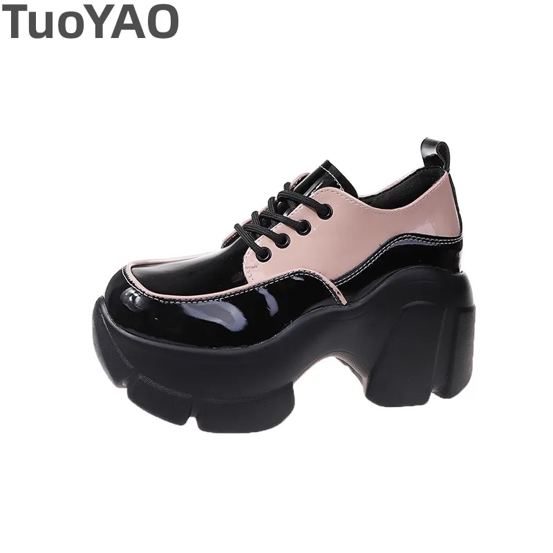 

Женские весенние кожаные кроссовки на каблуке 6 см, повседневная обувь на массивном каблуке, модные кроссовки со шнуровкой, дышащие туфли-лодочки на платформе с вулканизированной подошвой