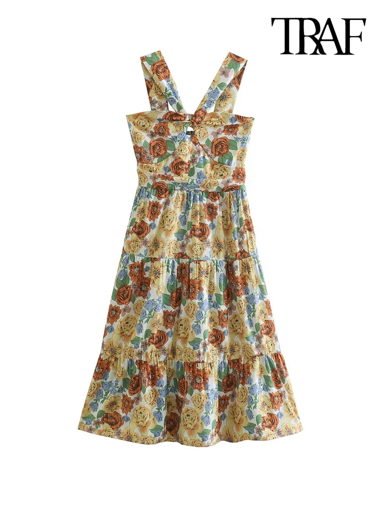 

TRAF Women Fashion Floral Print Ruffled Midi Dress Vintage Backless Elastic Wide Straps Female Dresses Vestidos Mujer