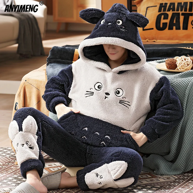 

Men's Plus Size Pajamas Loose Size 3xl 4xl 5xl Hooded High Quality Embroidery Flannel Winter Warm Sleepwear Two Piece Set Winter