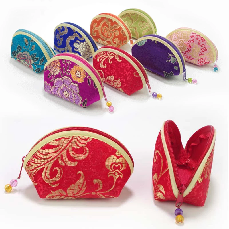 

Chinese Style Silk Zip Purse Pouch Exquisite Jewelry Storage Bag Women Zip Silk Fabric Small Pouches Candy Bags Gift