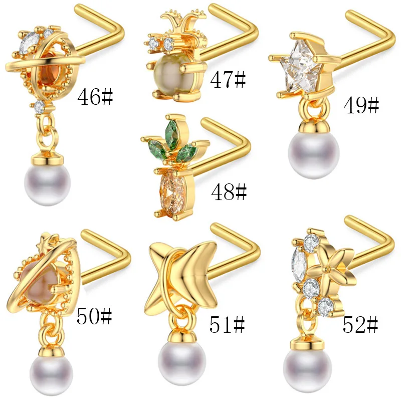 

1PC 20G Surgical Steel Pearl Dangle Nose Stud for Women Fashion Nose Piercing Jewelry Body Jewelry Shiny CZ L Shape Nose Studs