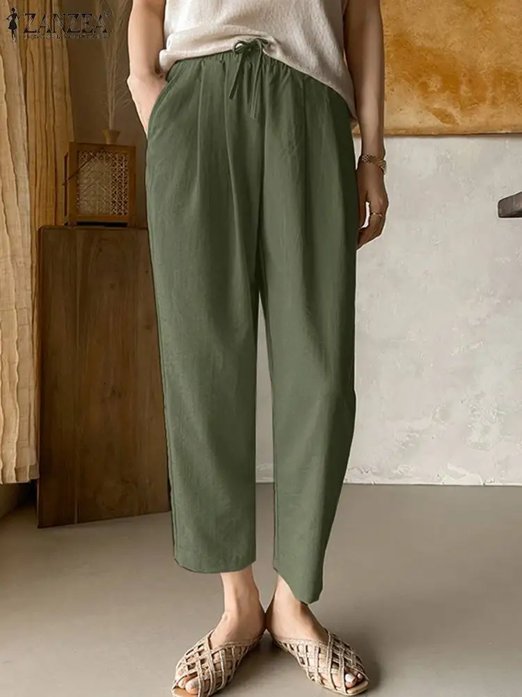 2023 ZANZEA Summer Women Vintage Harem Pants Casual Loose Turnip Pantalon Female Work Palazzo Elastic Waist Solid Long Trousers