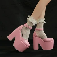 16cm pink block heel women white patent leather designer shoes punk gladiator platform high heels ladies pumps plataforma mujer