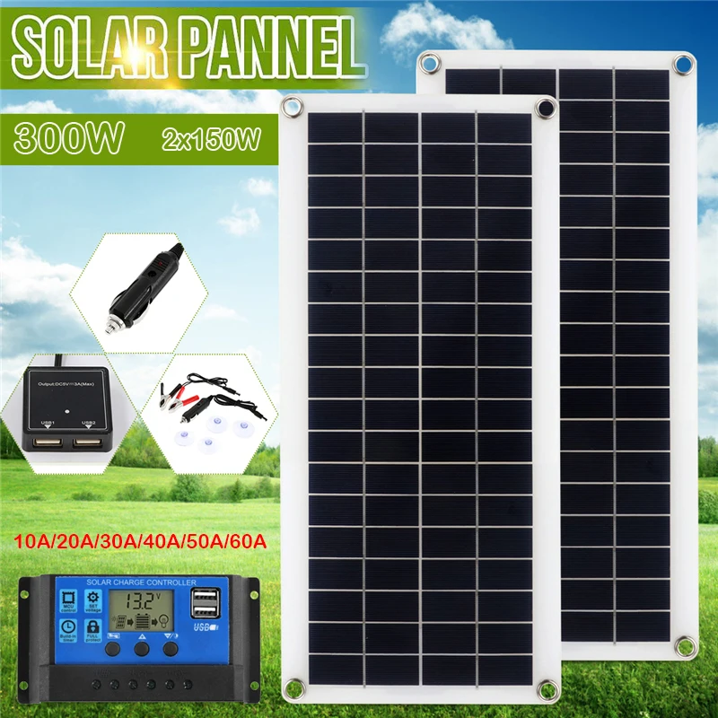 150W 300W Solar Panel Kit 12V Charge Battery With 30A 60A Co