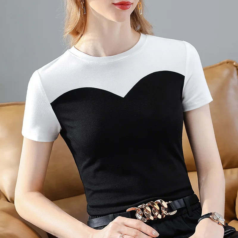 

Summer Casual T-Shirts For Women Fashion Patchwork Tube Top Urban Office Lady Elegant Temperament Simple All-Match Short Sleeve