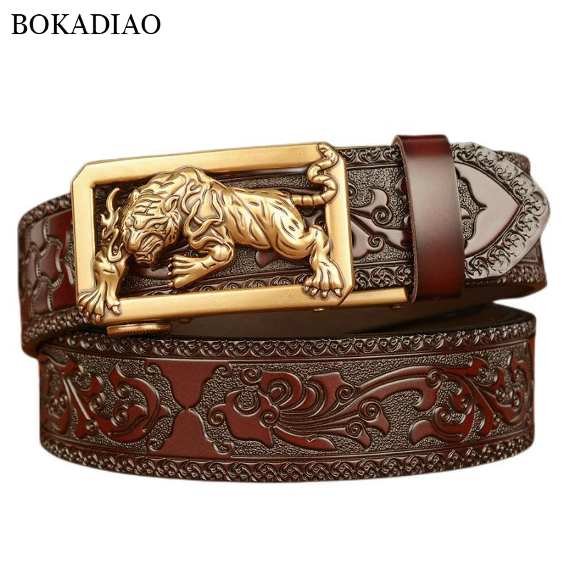 BOKADIAO Men Genuine Leather Belt Luxury Gold Tiger Metal Automatic Buckle Cowhide Belts for Men Jeans Waistband Male Strap