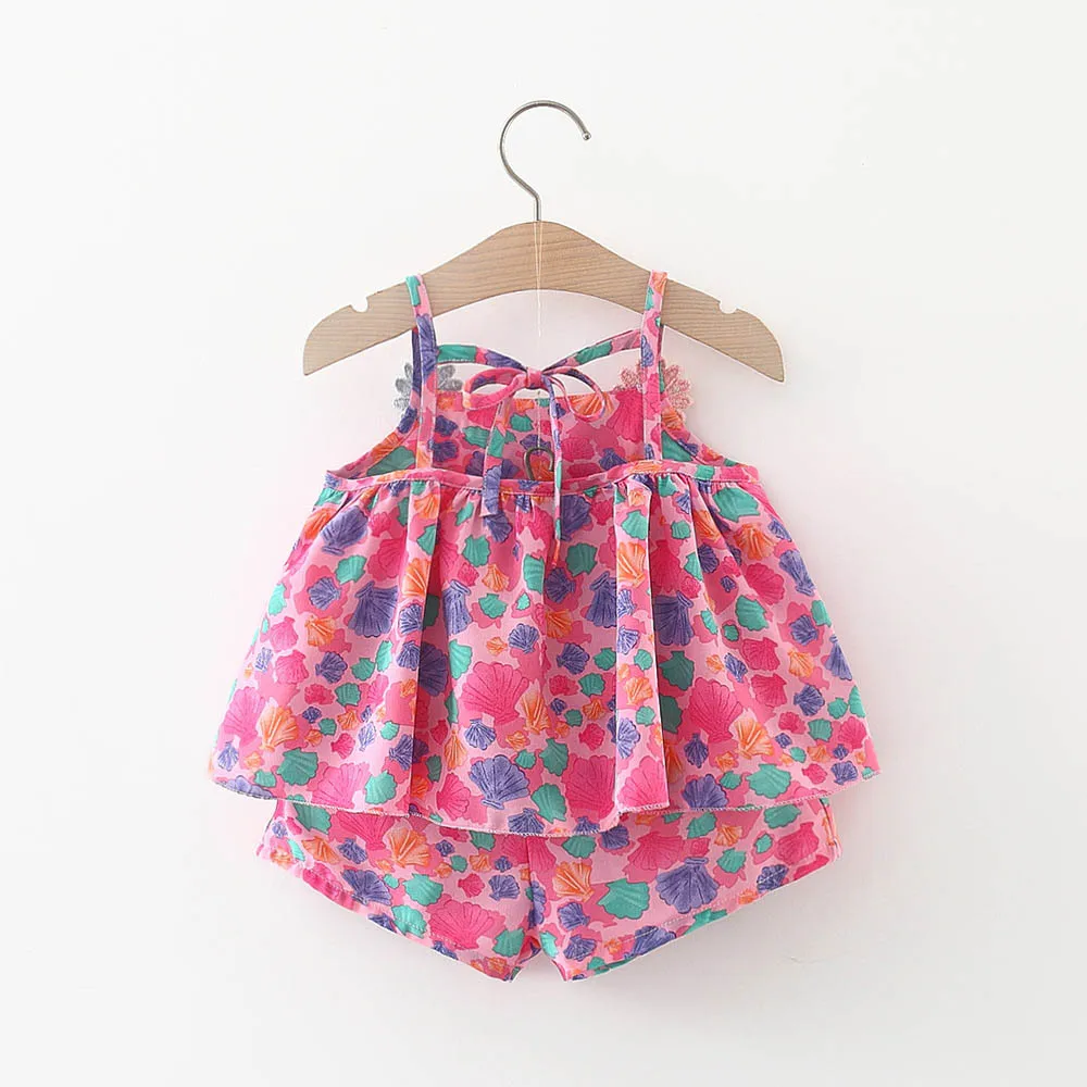 

Menoea Baby Girl Set Summer New Girl Casual Tie Flower Girl Baby Suit Printed Shell Suspender Two-piece Set Baby Girl Outfits