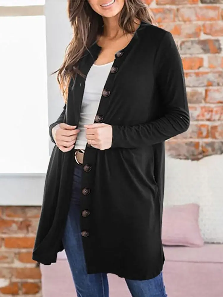 

Celmia Women Knitted Cardigan Casual Loose Long Sleeve Coats 2023 Autumn Winter Fashion Solid Buttons Long Coat Outerwear Femme