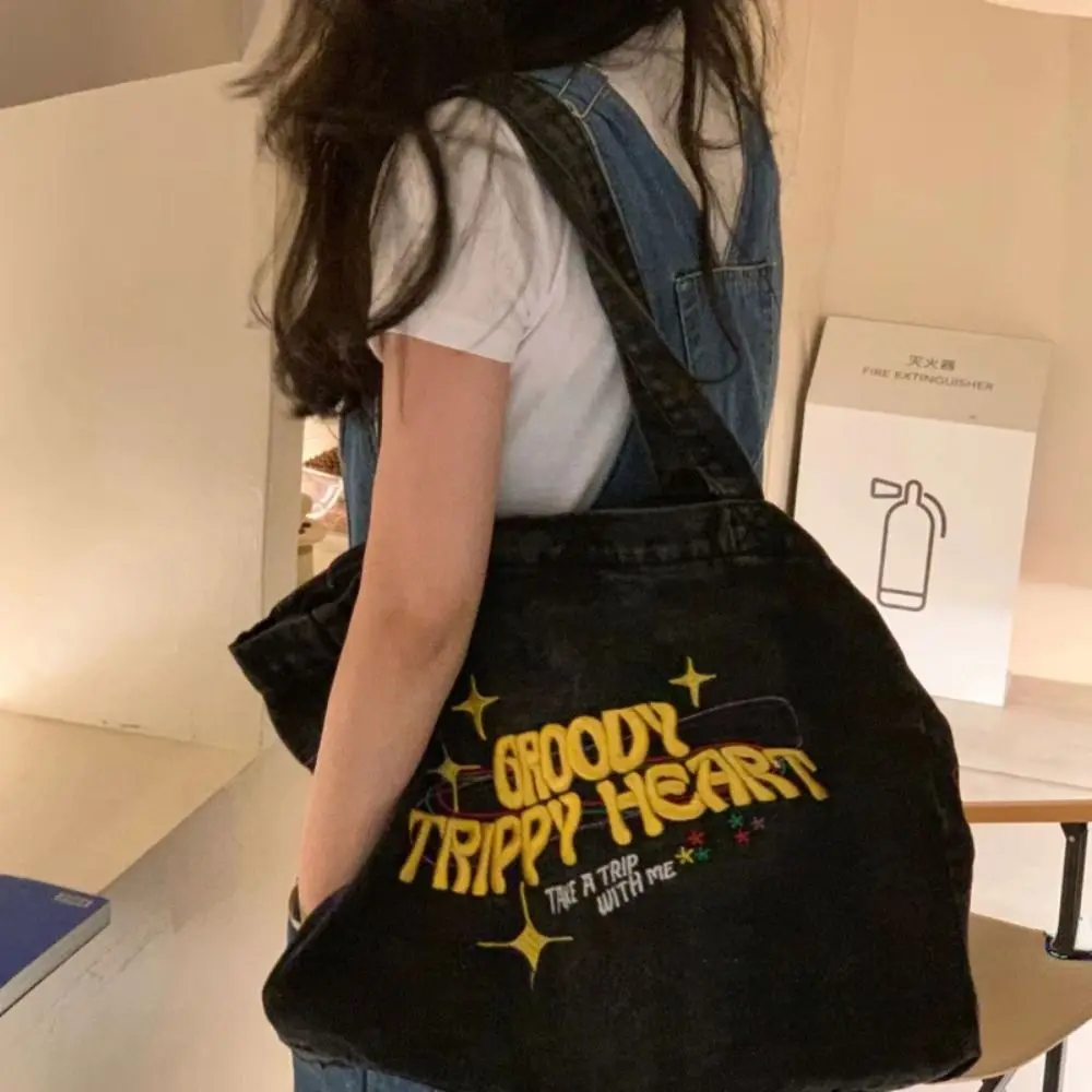 

Street Style Denim Canvas Bag Y2K Large Capacity Letter Embroidery Shoulder Bag Mommy Bag Shopping Bag American Vintage Handbag