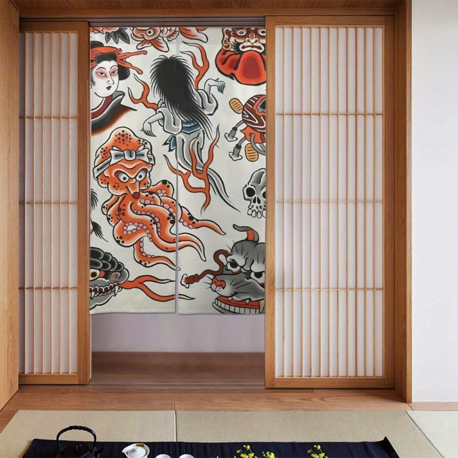 Японские тканевые шторы в стиле укиё-э