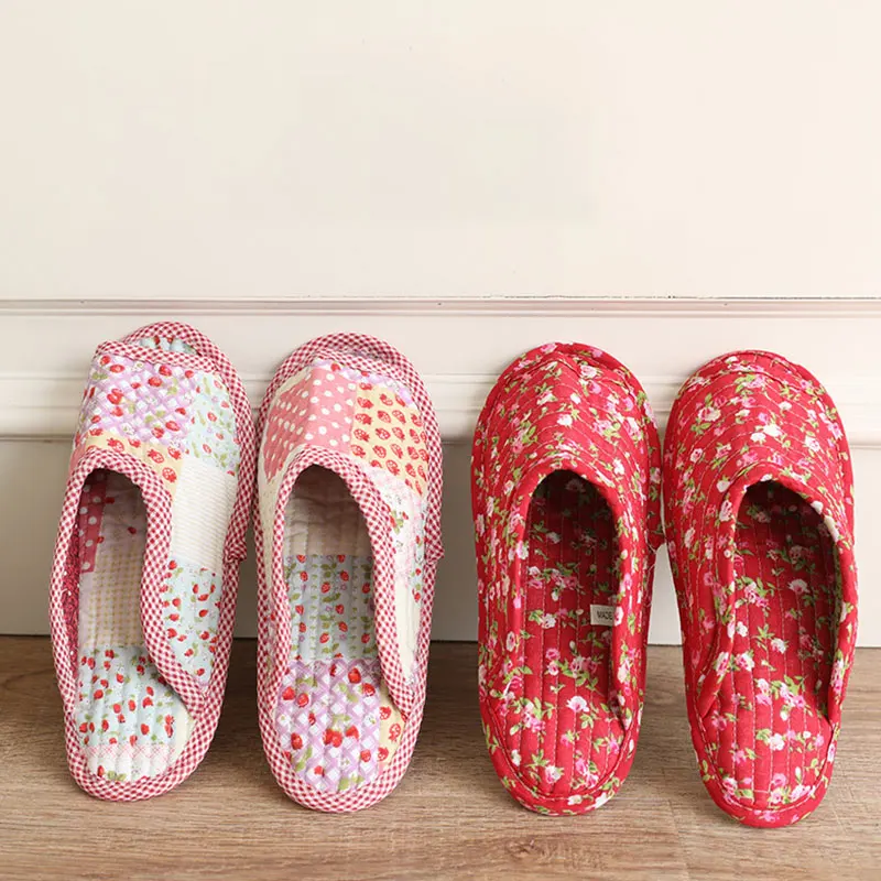 

25cm Vintage Floral Home Shoes Slippers Women Cotton Fabric House Slipper Sewing Comfy Flat Shoes Indoor Soft Travel