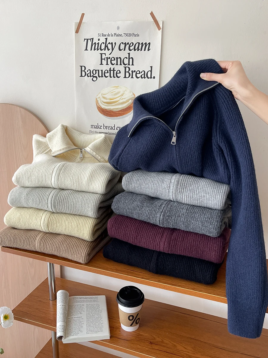 Японский и корейский простой ретро-свитер с двойной молнией воротником-стойкой в