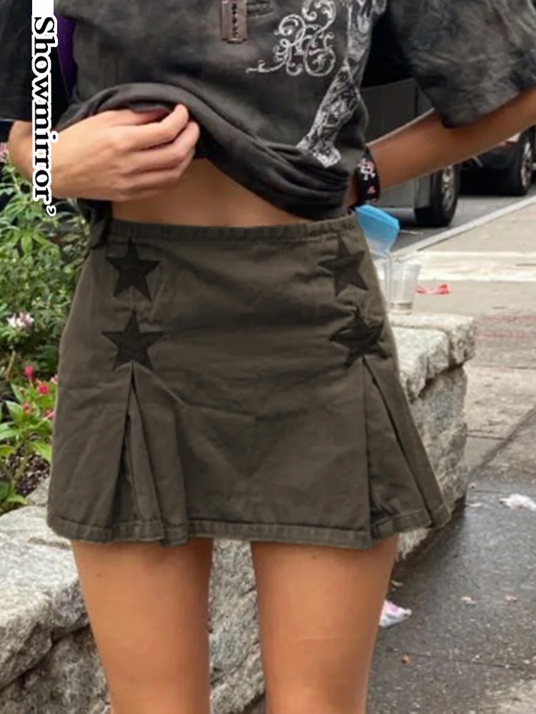 

Showmirror Streetwear Low Waist Pleated Jean Skirts Womens Y2K Clothes Pentagram Patches Retro Green Denim Shorts Skirt Summer