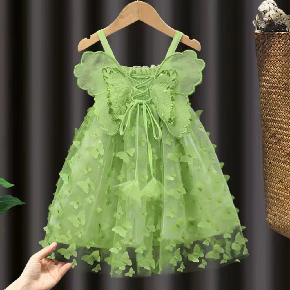 New Design Cute Children's Clothing Toddler Girl Summer Outfits White Green Butterflies Photography Fairy Tutu Dress for Girls