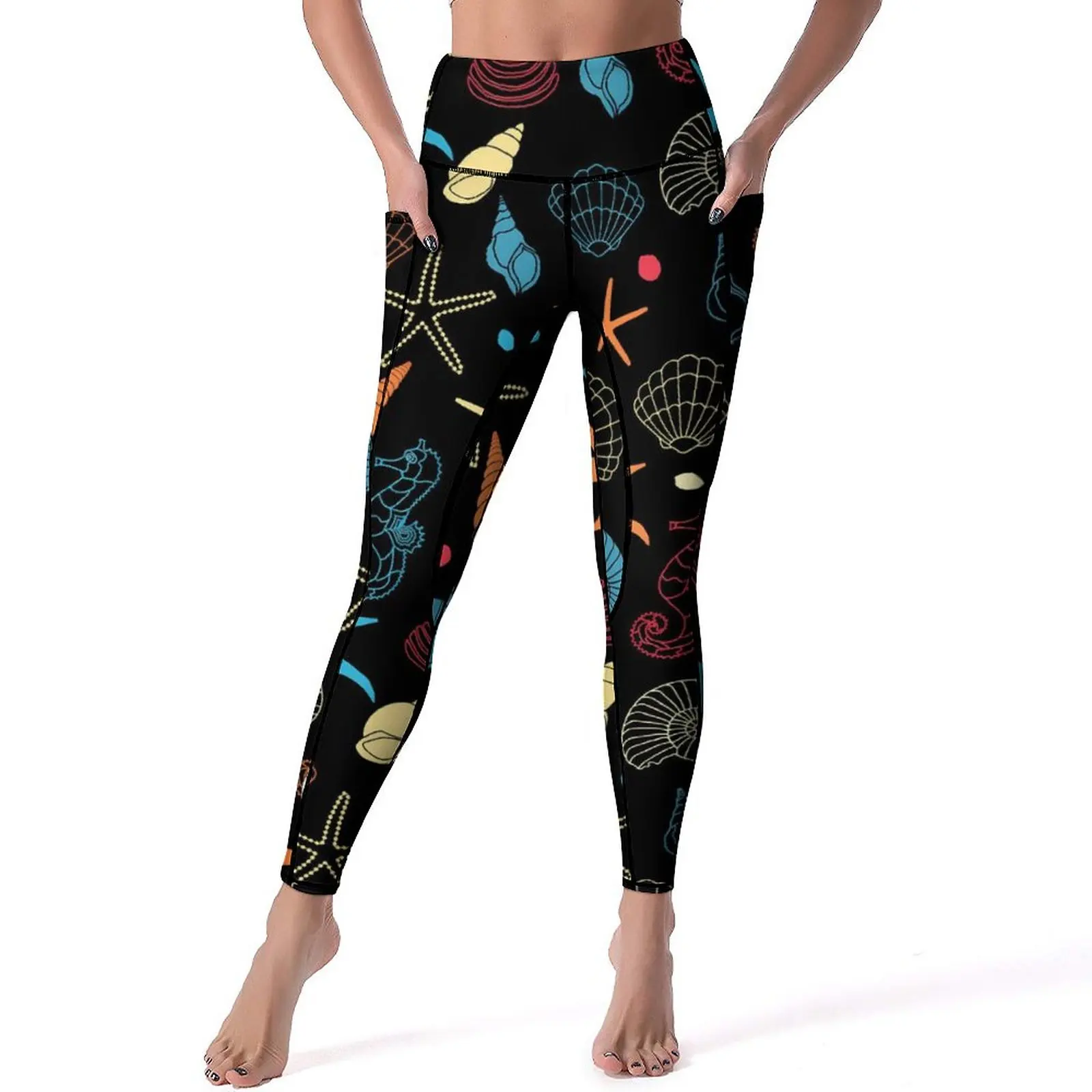 

Starfish Shells Leggings Sexy Modern Seahorse Fitness Gym Yoga Pants Push Up Quick-Dry Sports Tights Pockets Sweet Print Leggins