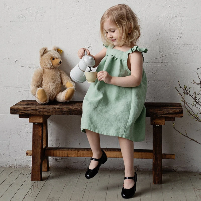 

2023 New Mori Cute Children Girls Smooth Linen Dress Summer Petal Sleeves Loose Baby Casual Strap Princess One-piece Dresses