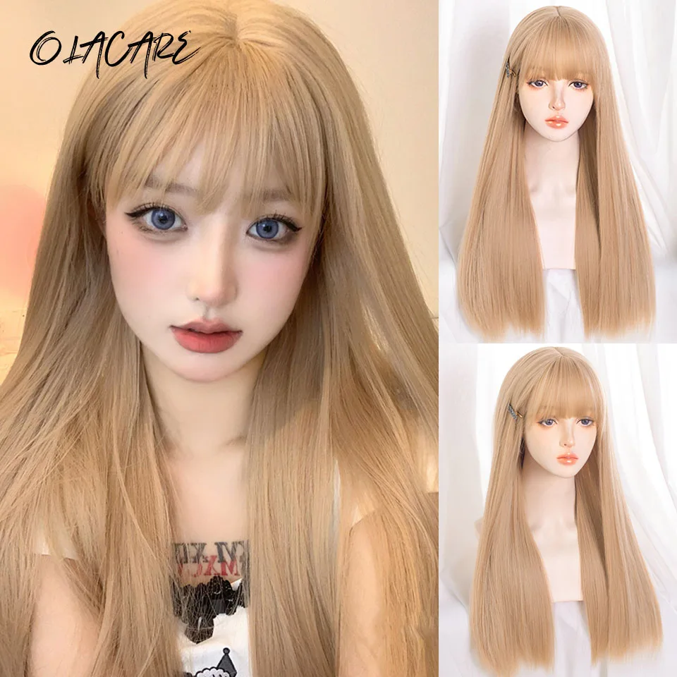 OLACARE длинная трава зеленые волнистые синтетические парики с челкой для женщин