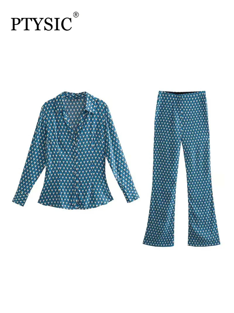 

PTYSIC Женская мода с геометрическим принтом рубашка с длинным рукавом расклешенные брюки на молнии 2022 Летние повседневные костюмы из двух ча...