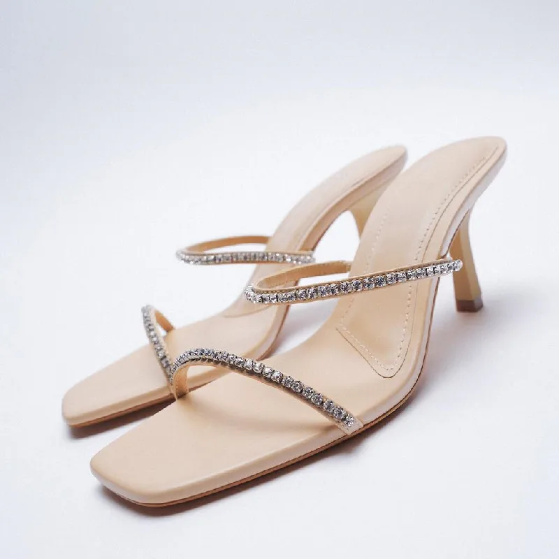 

New Women's Summer Sandals 2021 Square Toe Female Rhinestone Slippers Women Thin Heel Fashion Pumps Elegant Sandalias Mujer