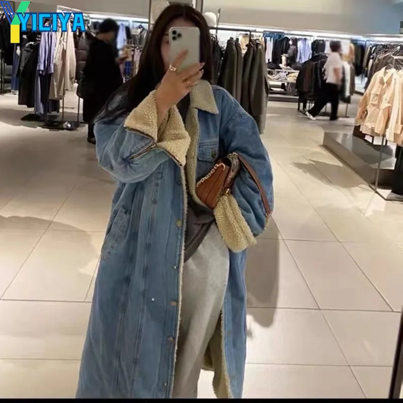 YICIYA Thicken Lamb Wool Long Denim jackets Jeans Women Down Coat Winter Oversize Bomber Female 2022 Motorcycle Y2k Jean jacket