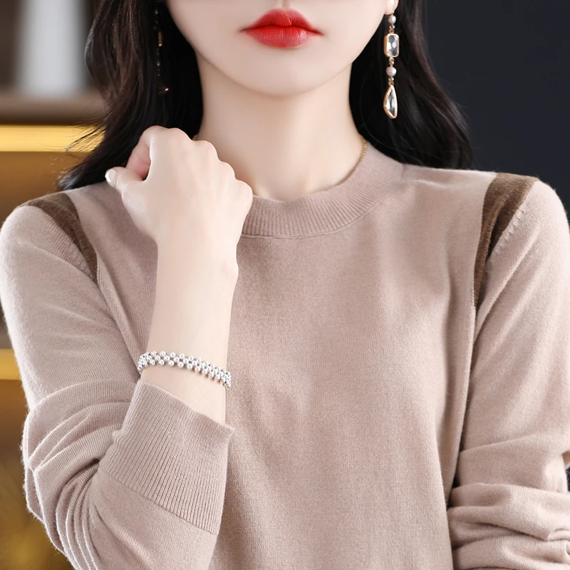 Женский трикотажный шерстяной свитер контрастный тонкий с круглым вырезом