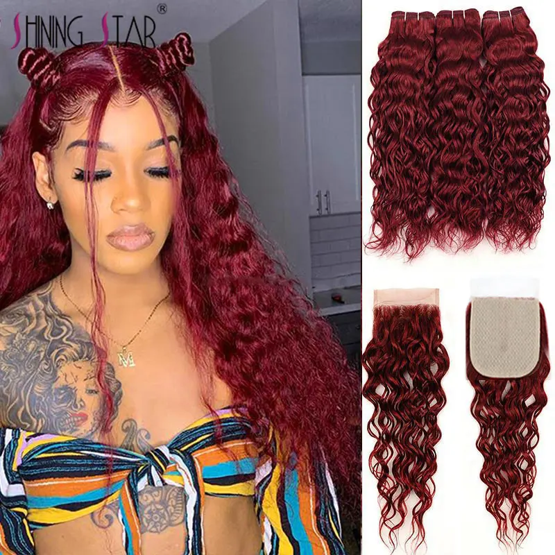 

99J Water Wave 3 Bundles With Closure Red Burgundy Bundles With Closure Peruvian Human Hair Weave Bundles Shining Star Remy Hair