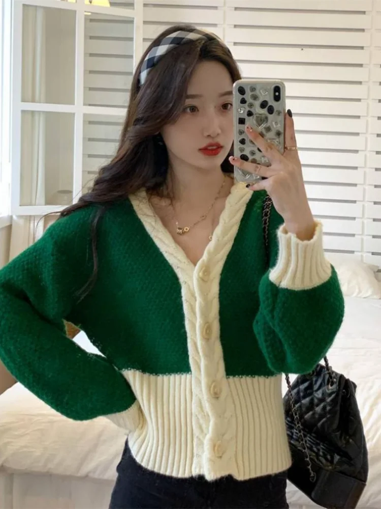 

Hsa Women Cardigans Patchwork Sweater V Neck Loose Knitwear Single Breasted Casual Knit Cardigan Outwear Green Spring Knitcoat
