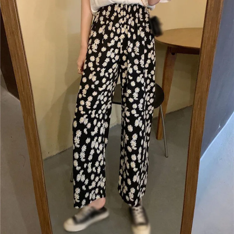 

Women's Cottagecore Pants Summer Wide Leg Little Daisy Printed Nine Points Casual All-Match High Waist Straight Tousers Indie