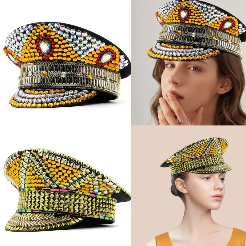 

652F Sparkling Captain Hat Golden Crystals Sequins Hat for Bachelorette Party Captain Hat Hat for Actress