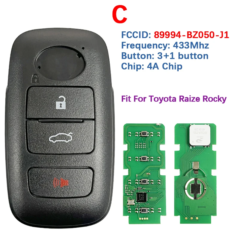

CN 007313 Послепродажный смарт-пульт дистанционного управления без ключа, 3 кнопки, 433 МГц, 4A, чип 89994-BZ041 89994-BZ170 89994-BZ050 для Toyota Raize Rocky