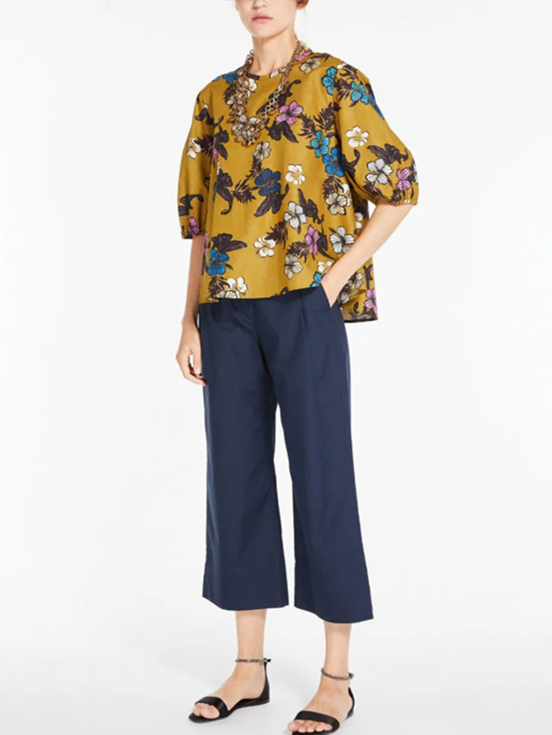 

Colorful Floral Print Women's Pullover Shirt Loose Retro Round Neck Short Puff Sleeve Ladies Blouse Summer New