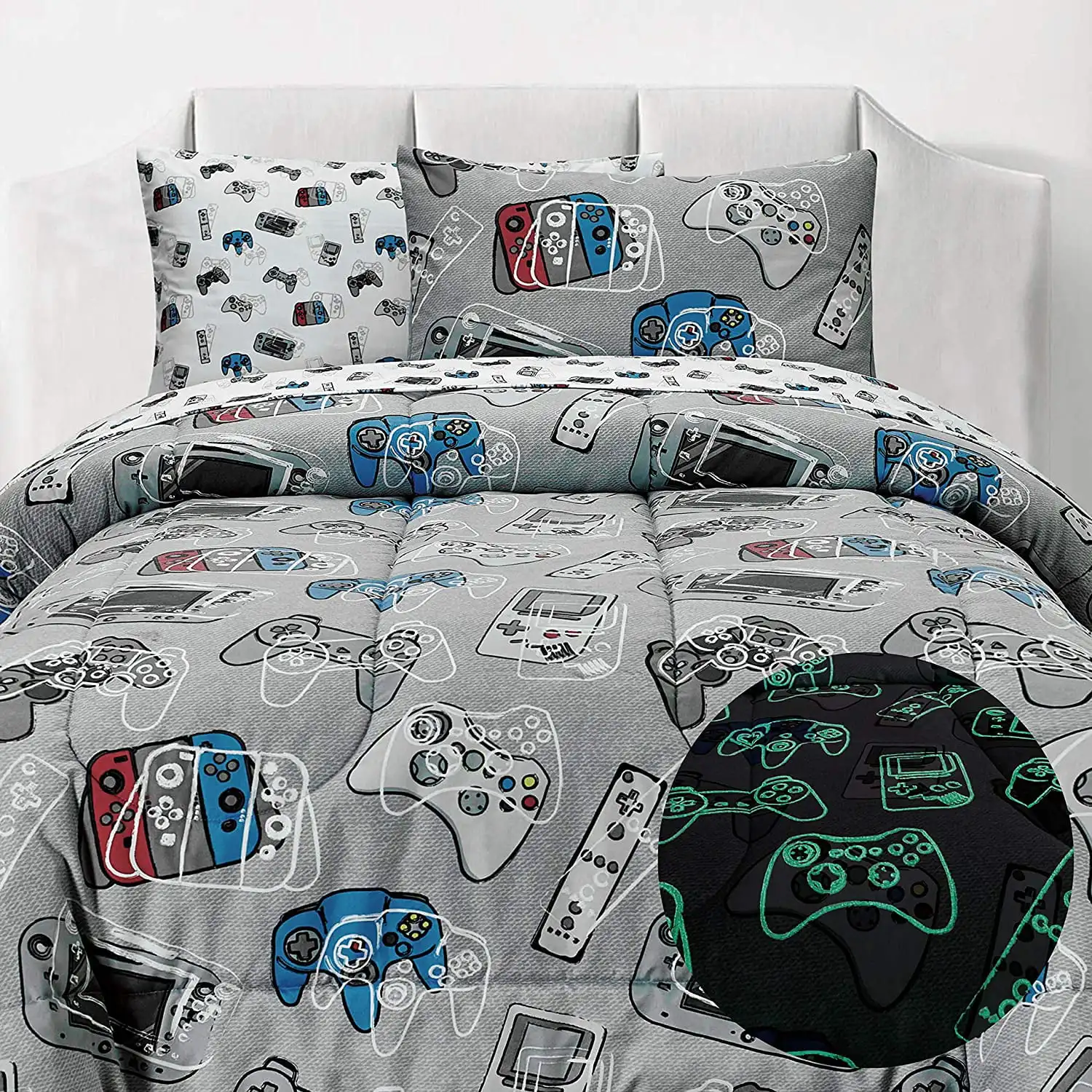 

Kids Rule 5 Piece Gamer Glow in The Dark Bedding Set, Game Controllers Print, Blue, Grey - Twin