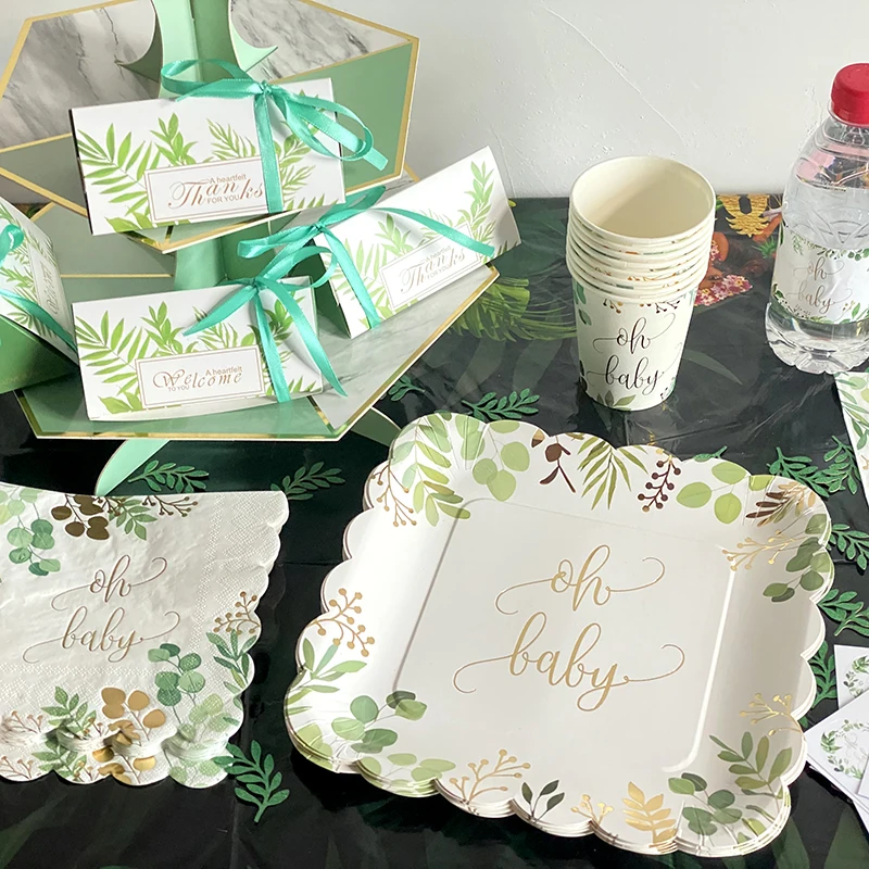 

Arieslan Baby Shower Disposable Tableware Set Oh Baby Jungle Leaves Disposable Plates Cups Napkins Wild One 1th Supplies Decor