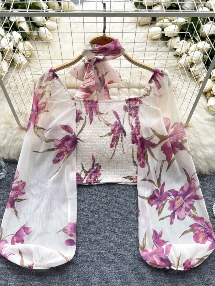 Женская винтажная шифоновая блузка милая Укороченная рубашка с квадратным