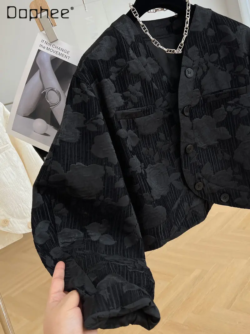 

Luxury Crop Jacquard Jacket Woman Autumn 2023 Loose High-Grade Women's Long Gigot Sleeve Thin V-neck Short Cardigan Coats Casual