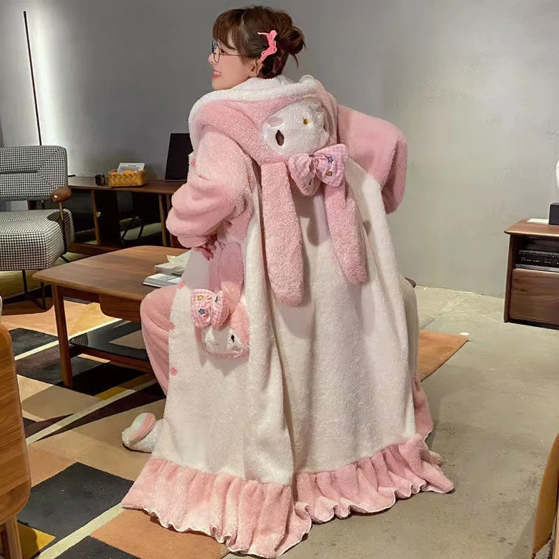 

Kawaii Sanrio Kuromi Cinnamorol Coral Velvet Pajama for Women Cute Animation Thickened Long Pajamas for Girls Warm ChristmasGift