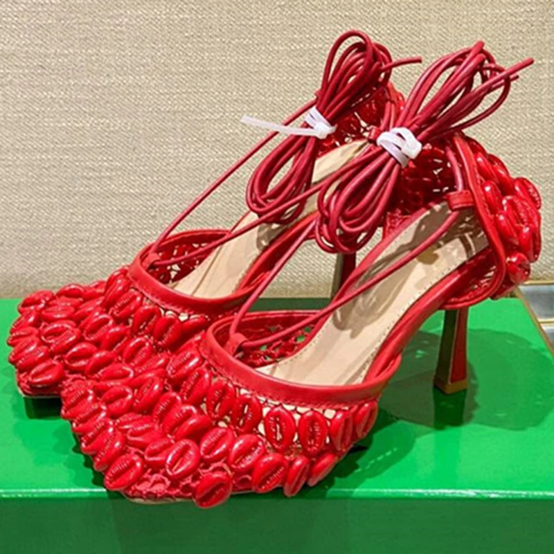 

New Runway Net Square toe Women Sandals Cross Tied Real Leather Designer Party Holiday Shoes Sexy Lips Summer Gladiator Sandals