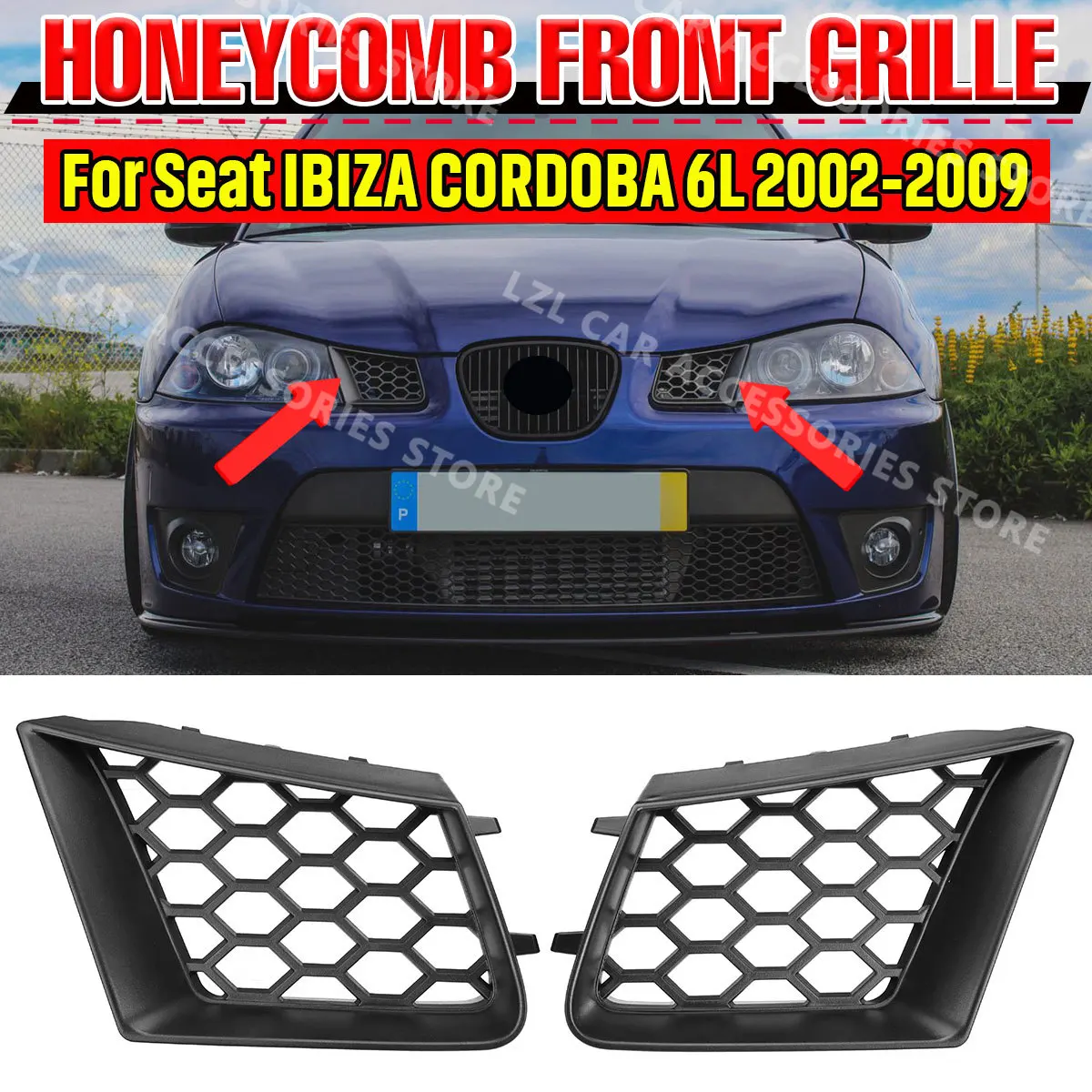

Пара сотовых передних верхних решеток бампера для Seat Ibiza Typ 6L Cordoba 2002-2009, матовая черная термостойкая решетка радиатора