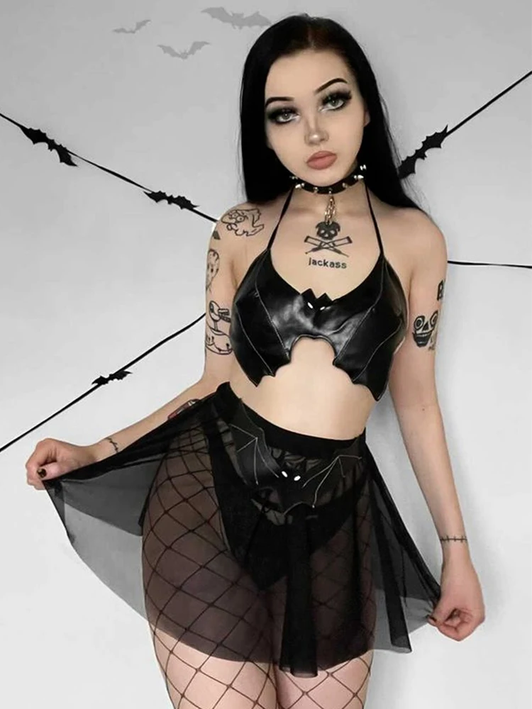 

Mall Goth сексуальное бикини, женское нижнее белье с лямкой на шее, черный укороченный топ в форме летучей мыши из искусственной кожи, ночная веч...