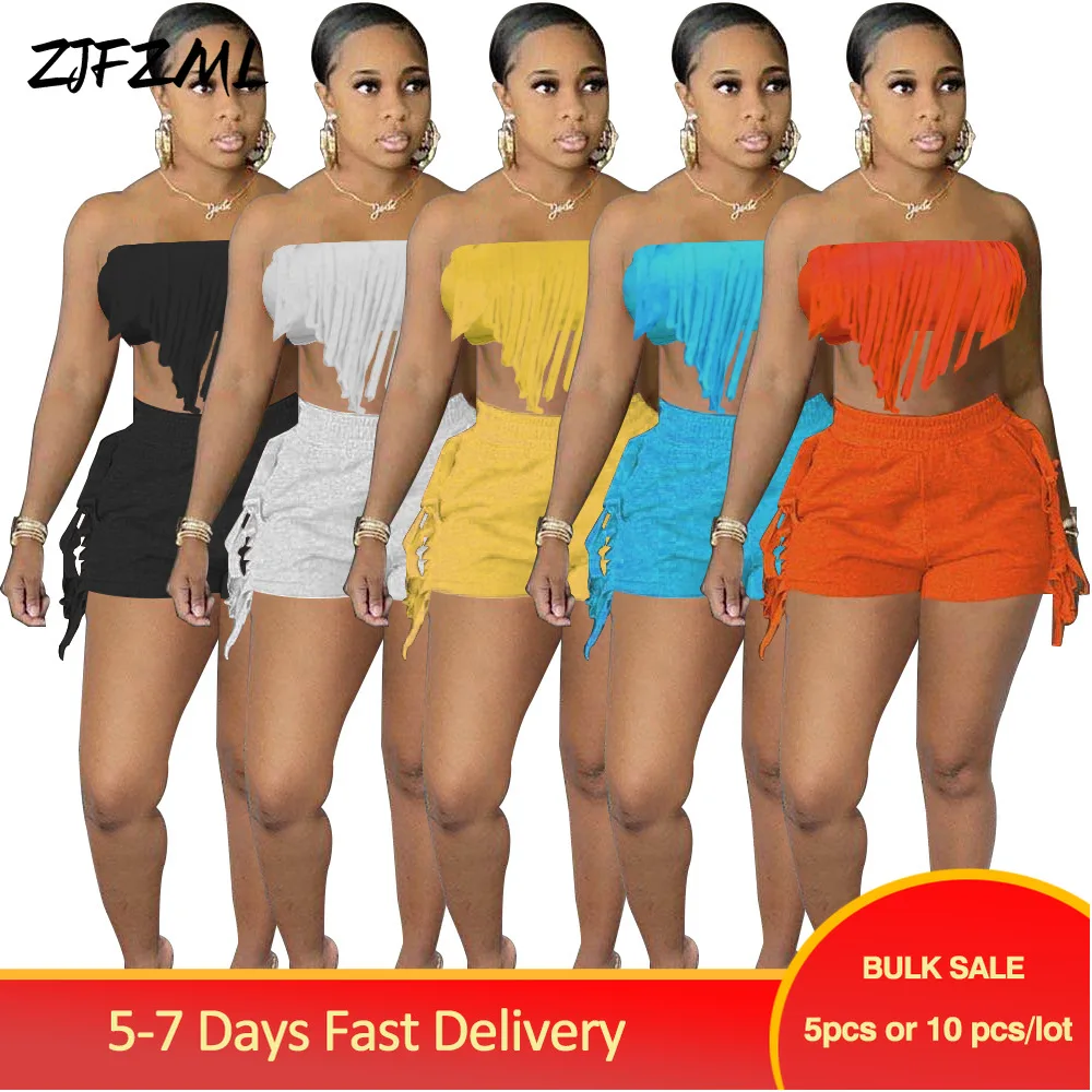 

Bulk Items Wholesale Lots Summer Women's Sweatsuit Sexy Solid Wrap Chest Backless Crop Top Tube+side Tassels Spliced Short Pant
