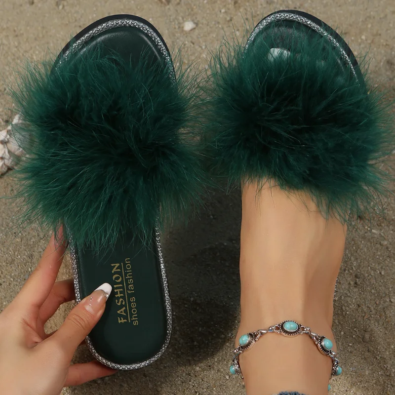 Women Cute Fluffy Decor Fashion Slides Glamorous Summer Leisure Flats One-strap Outdoor Wide Sandals Open Toe Beach Lovely Shoes