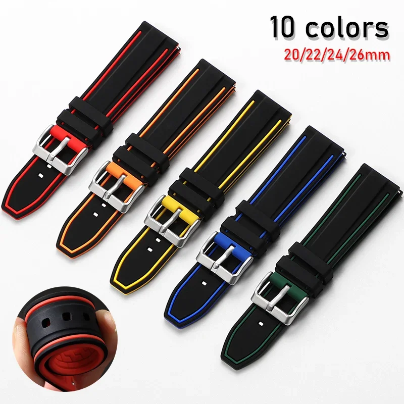Фото Silicone Strap 20mm 22mm 24mm 26mm Rubber Watch Band for Rolex for Seiko Bracelet Quick Release Waterproof Universal Wristband №1